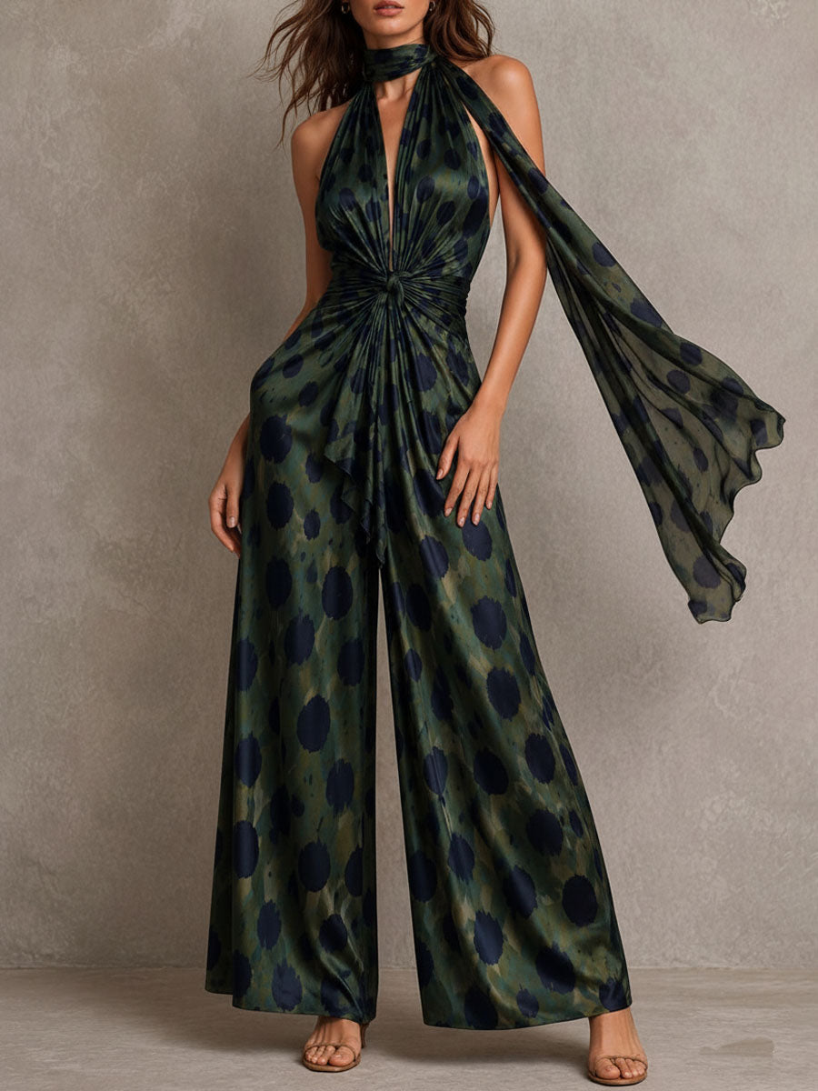 Boho Chic Olive And Navy Polka Halter Neck Scarf  Satin Jumpsuit