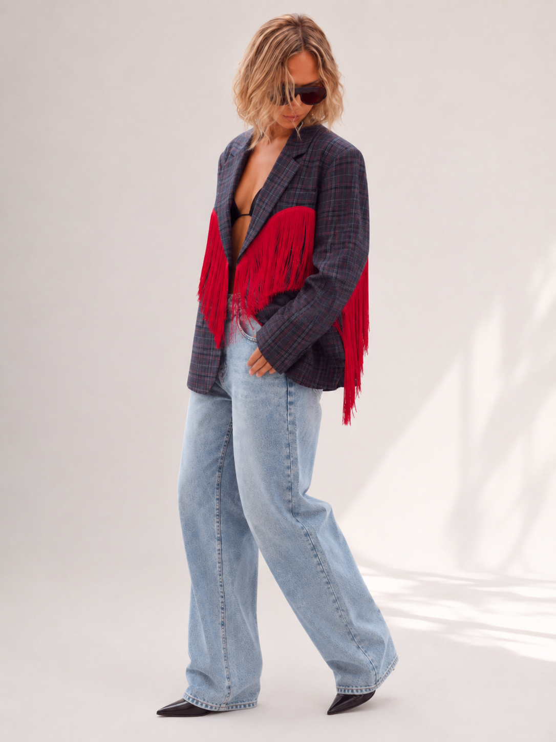 Western Red Fringe Plaid Oversized Blazer Jacket