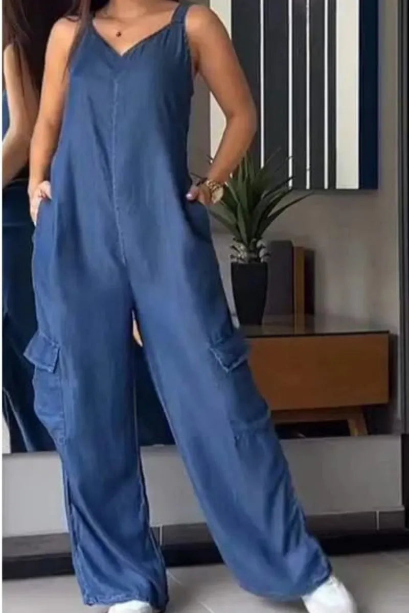 Womens Denim Overalls Jumpsuits Casual V-Neck Adjustable Straps Wide Leg Cargo Pants Twill Chino Bib Overalls