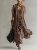 Taupe Linen Short Sleeve Maxi Dress