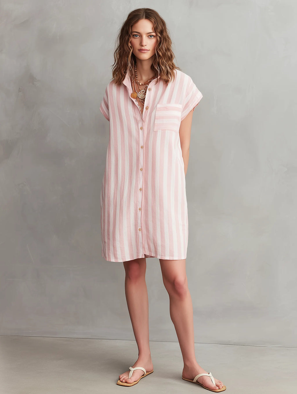 Women's Minimalist Striped Single-Breasted Cap-sleeves Mini Shirt Dress MDZ2877D1Y