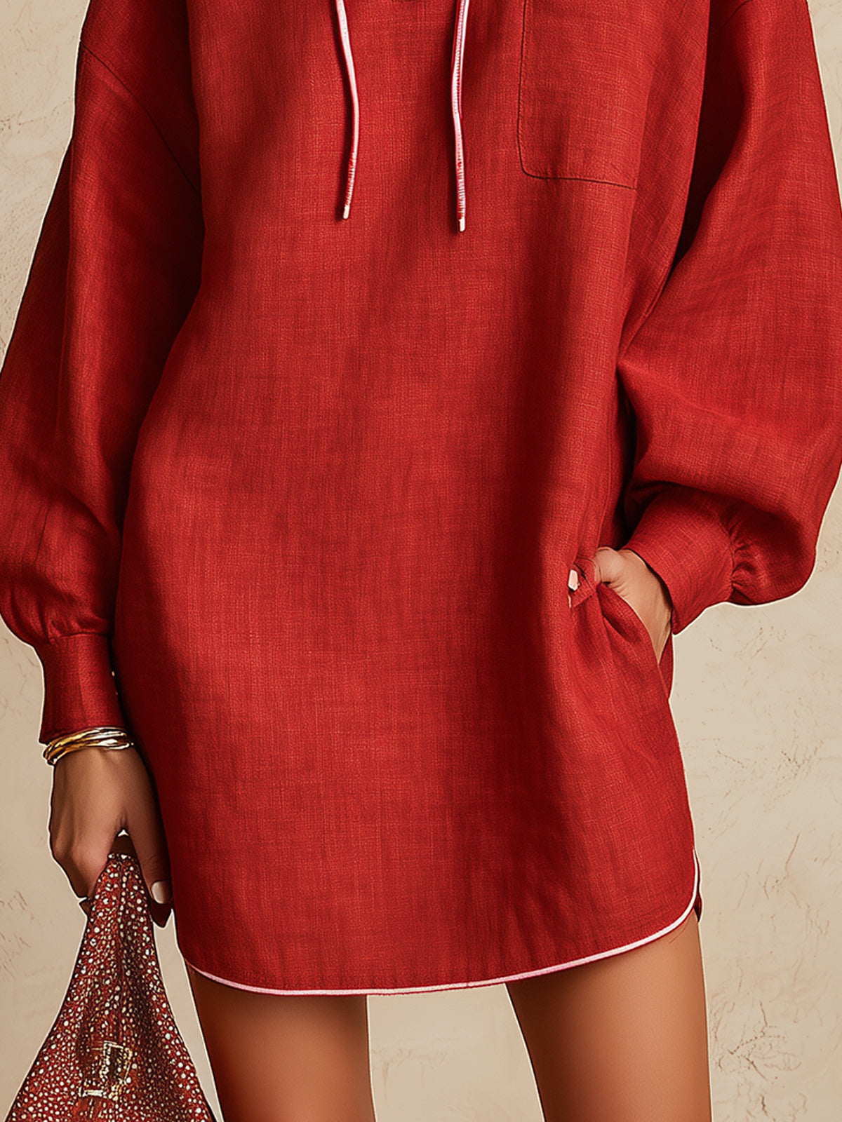 Red Hooded Mini Dress With White Piping And Long Sleeves