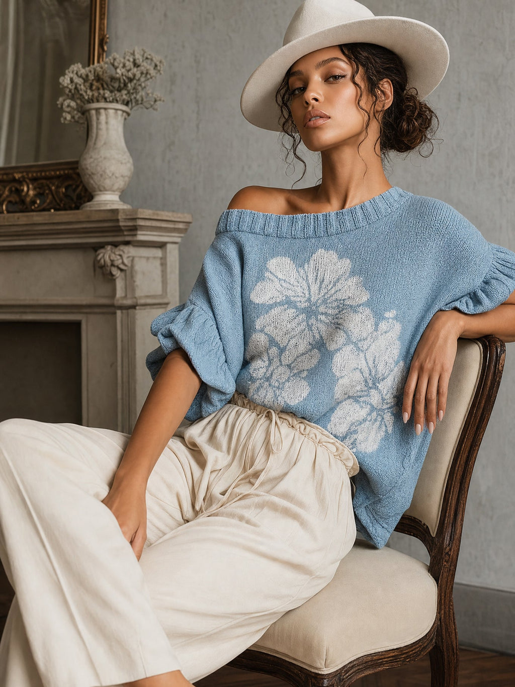 Blue Asymmetric Off Shoulder Floral Sweater