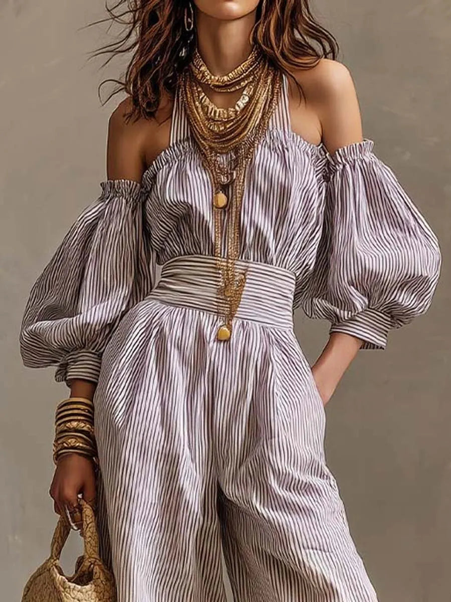Bohemian Halter Off-Shoulder Puff Sleeve Wide-Leg Jumpsuit