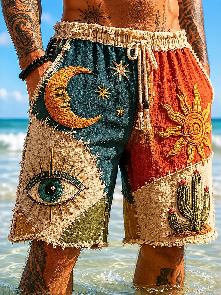 Men's Hippie Sun And Moon Cactus Pattern Color-blocked Casual Linen Blend Shorts