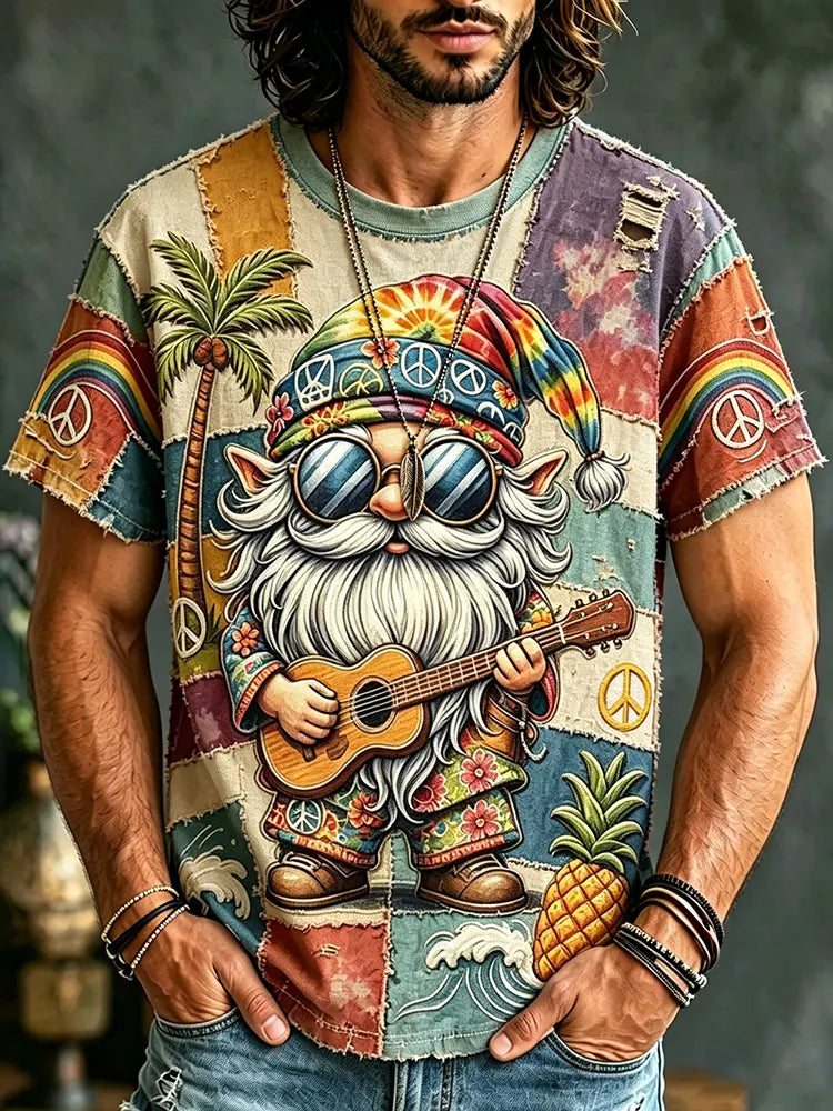 Men's Hippie Guitar Patchwork Print Short-sleeve Linen T-shirt