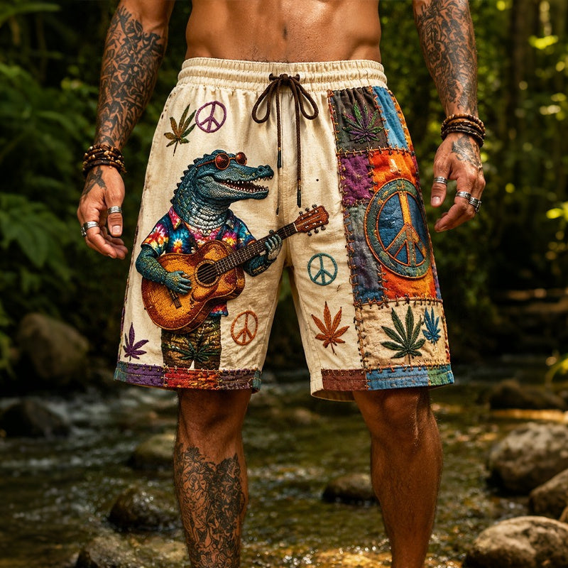 Men's Fun Crocodile Playing Guitar Art Print Casual Shorts