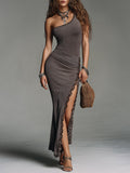 Retro One-Shoulder Ribbed Lace Trim Maxi Dress With High Slit