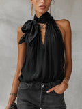 Black Textured Sleeveless Lace Trim Top With Bow Neck