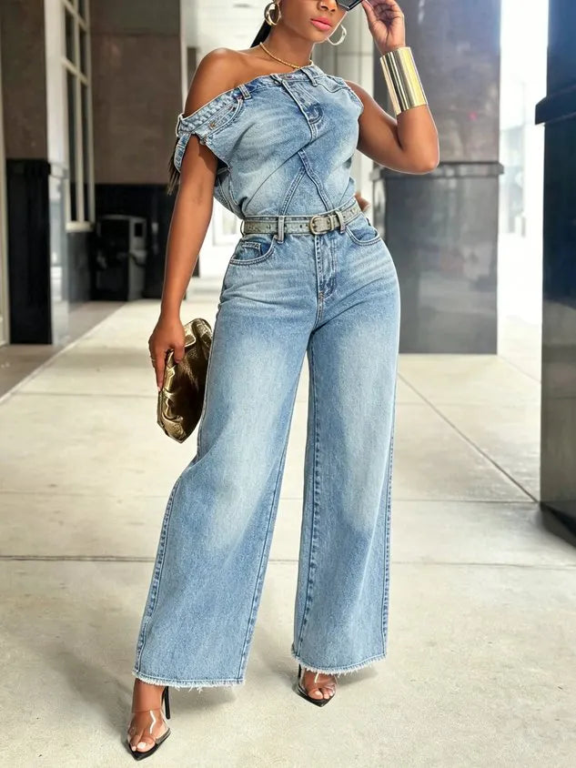 Casual Plain Distressing Off The Shoulder Denim Top