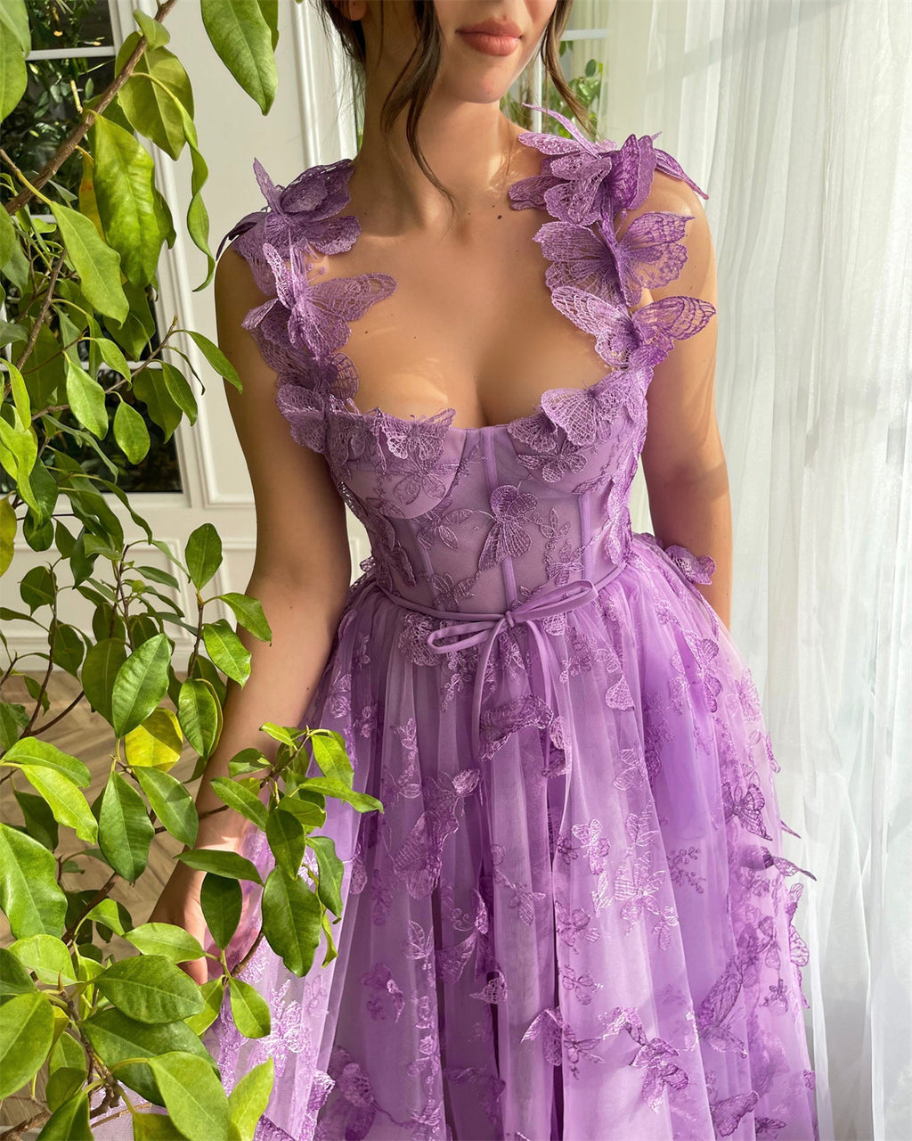 Women's Purple Sling Flower Embroidery Dress - 01
