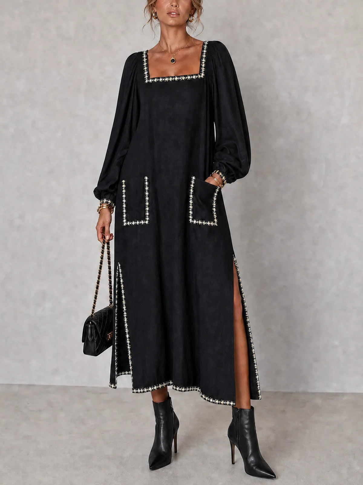 Black Square Neck Trim Pocket Maxi Dress