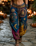 Women's Summer Star and Moon Theme Embroidered Contrast Color Linen Trousers 51b8