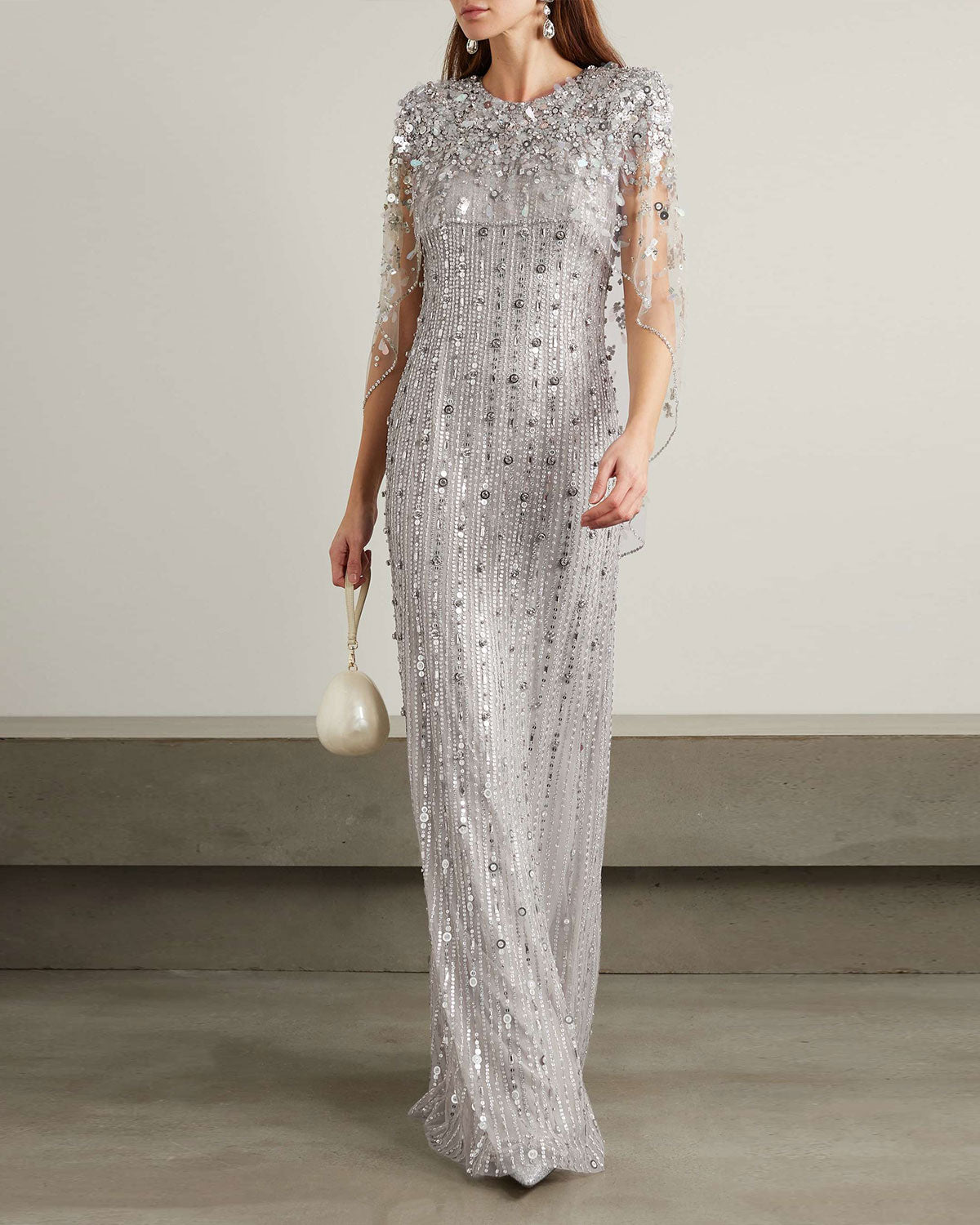 Cape-Effect Embellished Sequined Tulle Gown