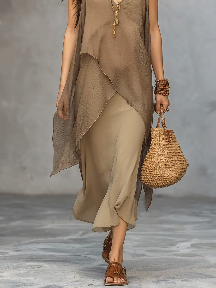 Khaki Irregular Layered Spaghetti-Strap Dress