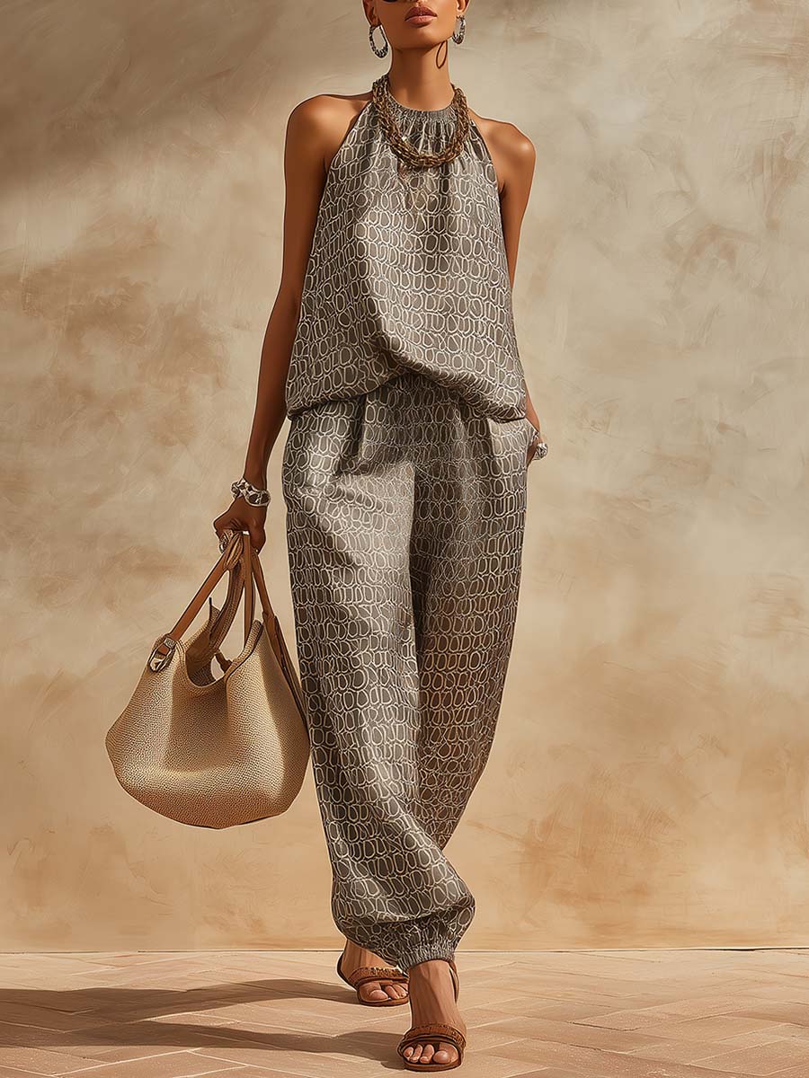 Retro Chain Print Grey Satin Top And Pants Set