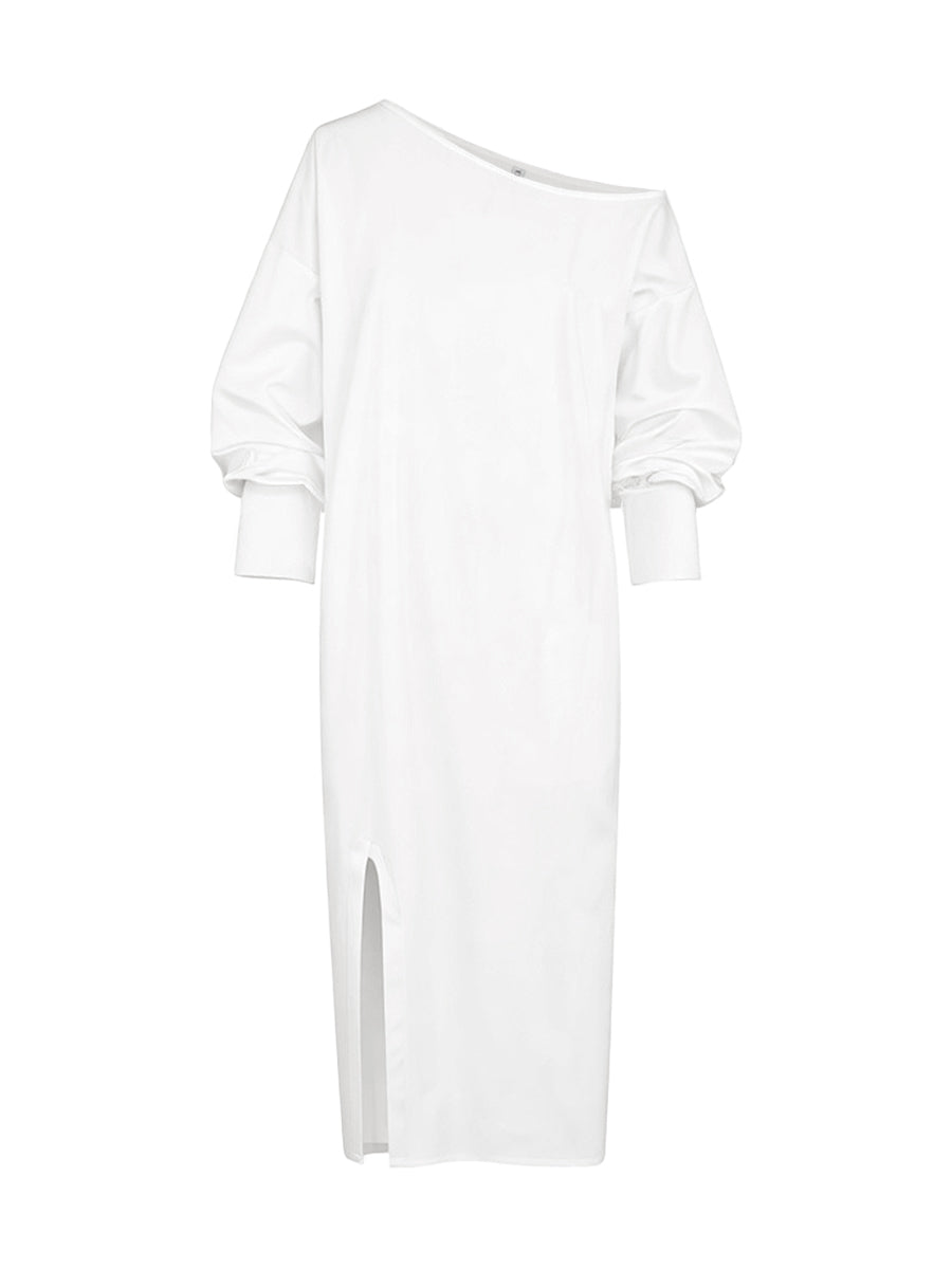 Long Sleeves Loose Solid Color Split-Side One-Shoulder Midi Dresses