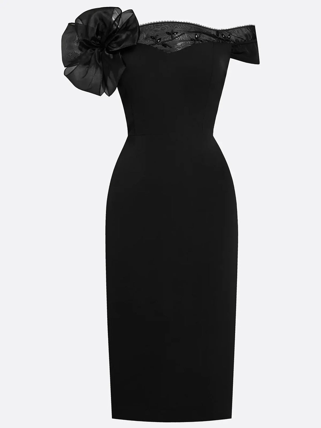 Black 3D Floral Beaded Classic Off The Shoulder Short Sleeve Sheath Midi Dress