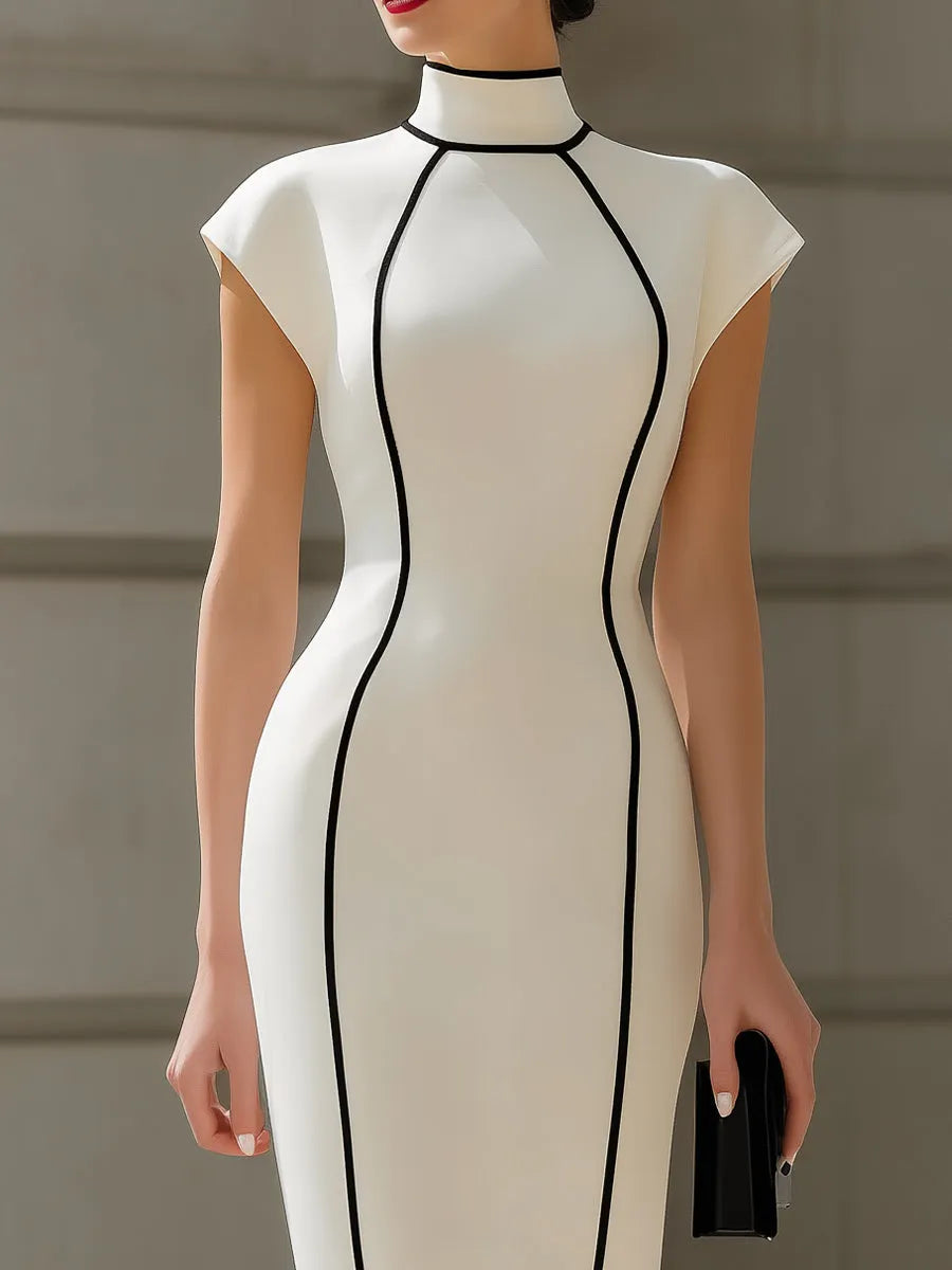 High-Neck Black Piping Cap-Sleeve Bodycon Midi Dress