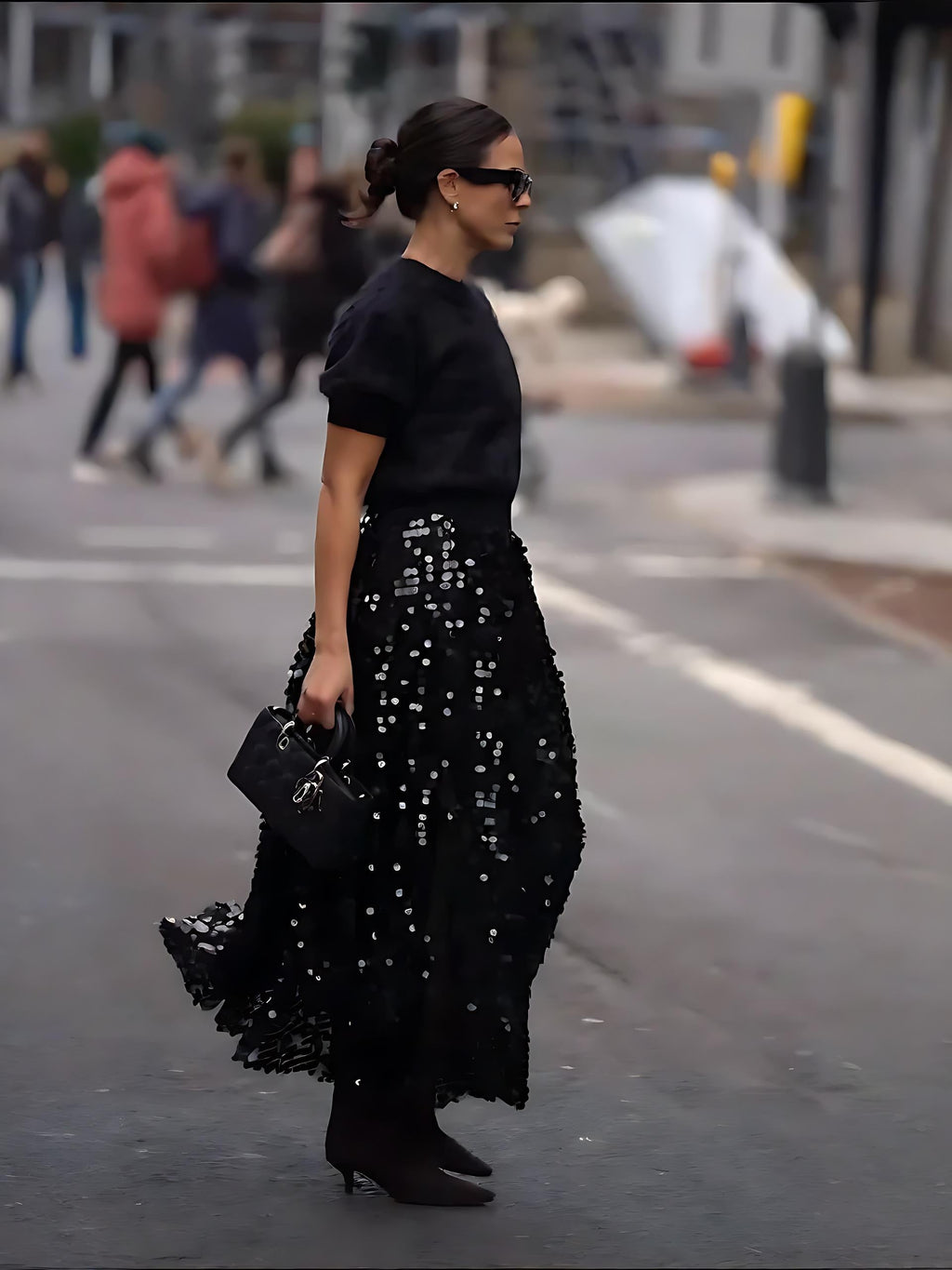 Black Sequin Tulle Midi Skirt