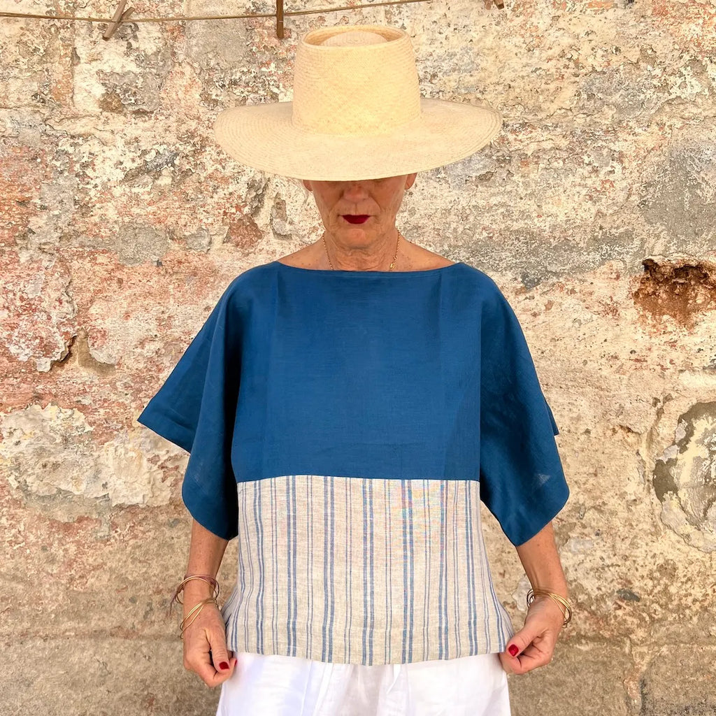 Jill Top New - French Bateau Neck Color-Blocked Striped Linen Blouse | Dadihouse