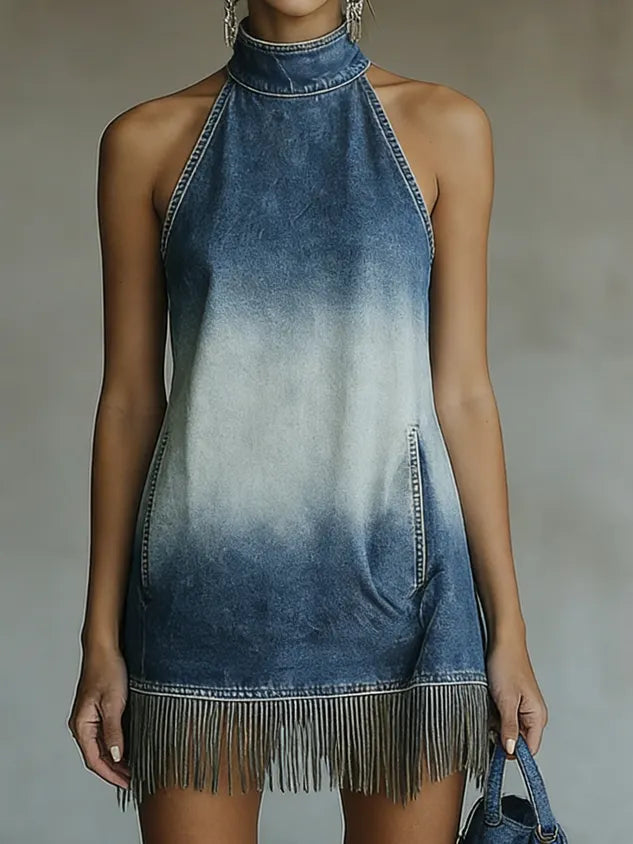 Casual Natural Denim Mini Dress Stand Collar Daily Wear