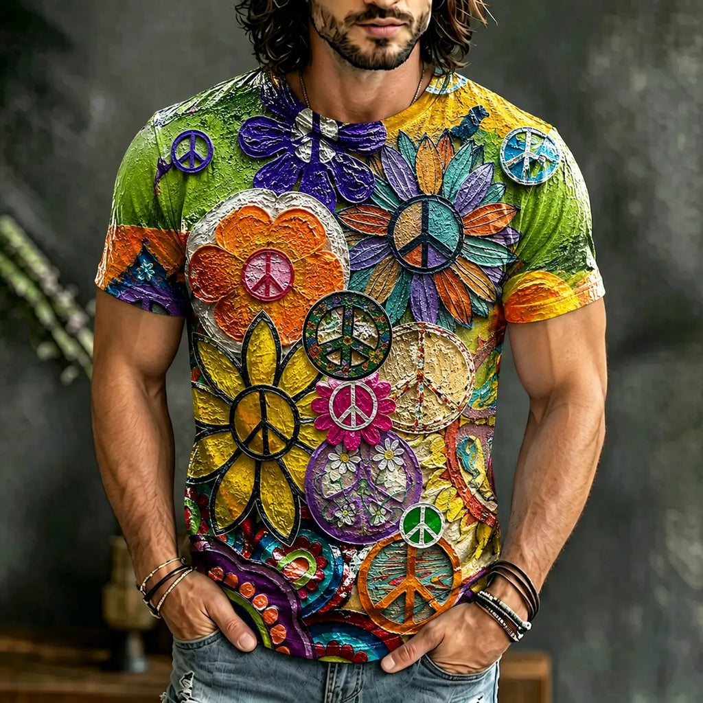 Men's Vintage Hippie Oil Painting Peace Flower Art Print Short Sleeve T-shirt