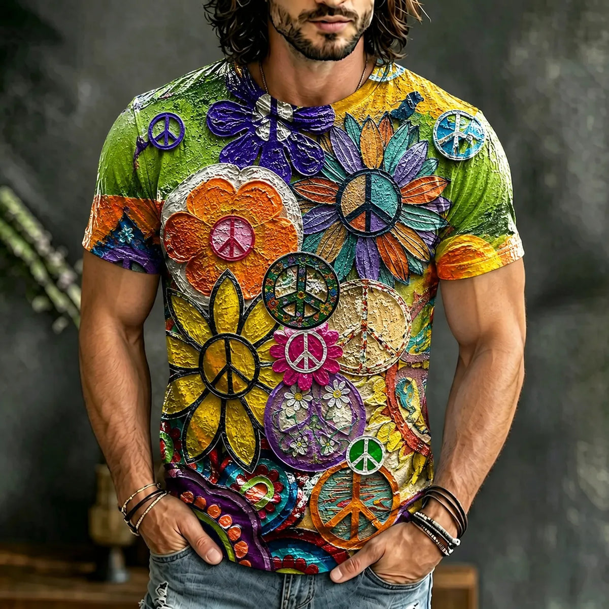 Men's Vintage Hippie Oil Painting Peace Flower Art Print Short Sleeve T-shirt
