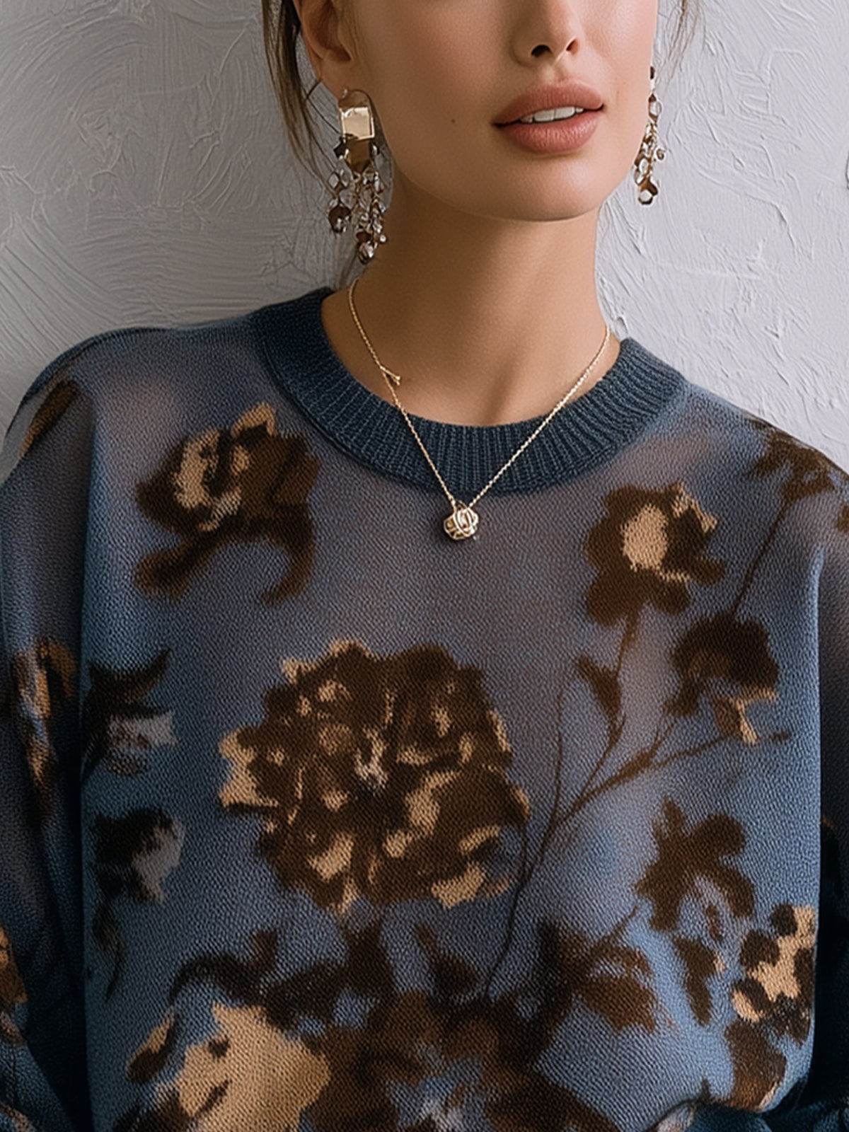 Blue Floral Oversized Knit Sweater