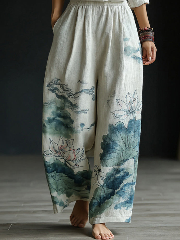 Women's Japanese-style Lotus Pattern Linen Trousers