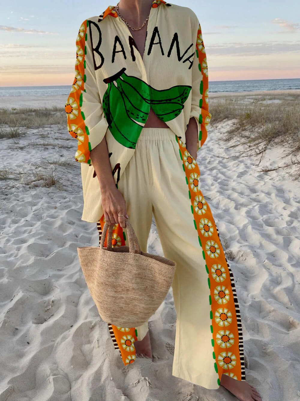 Unique And Fashionable Banana Print Holiday Style Set