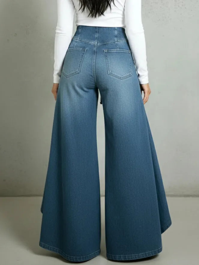 Retro High-waisted Ruffled Hem Tie-waist Loose-fitting Denim Jeans