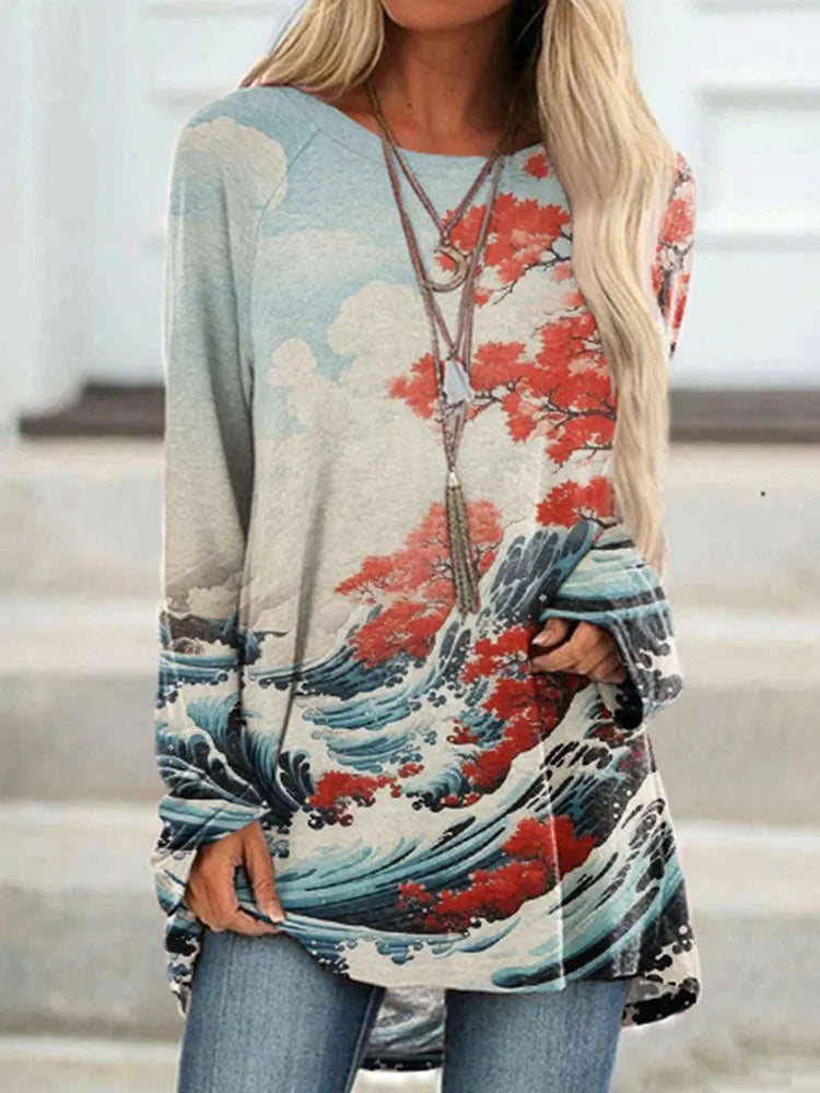 Japanese Wave Art Print Long Sleeve Tunic