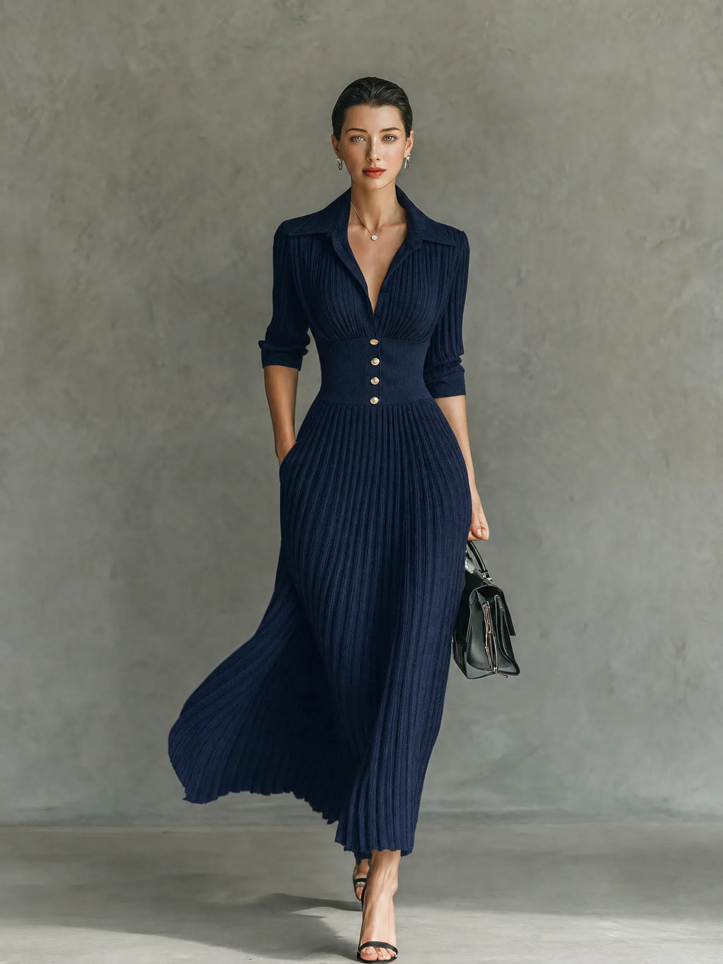 Women's Elegant Button-Front Collared Pleated Knit Dress MDZ0607H5WY