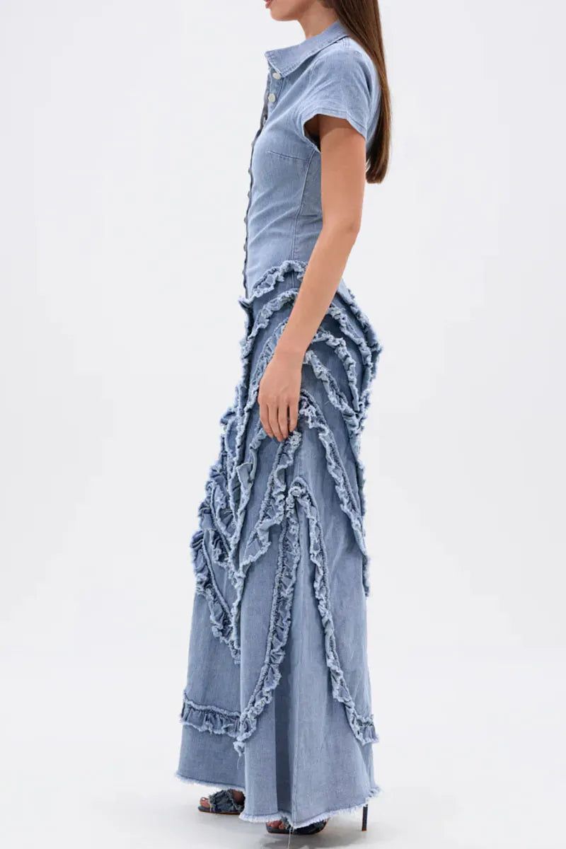 Women's Fitted Short-Sleeve Denim Jumpsuit with Tiered Ruffles