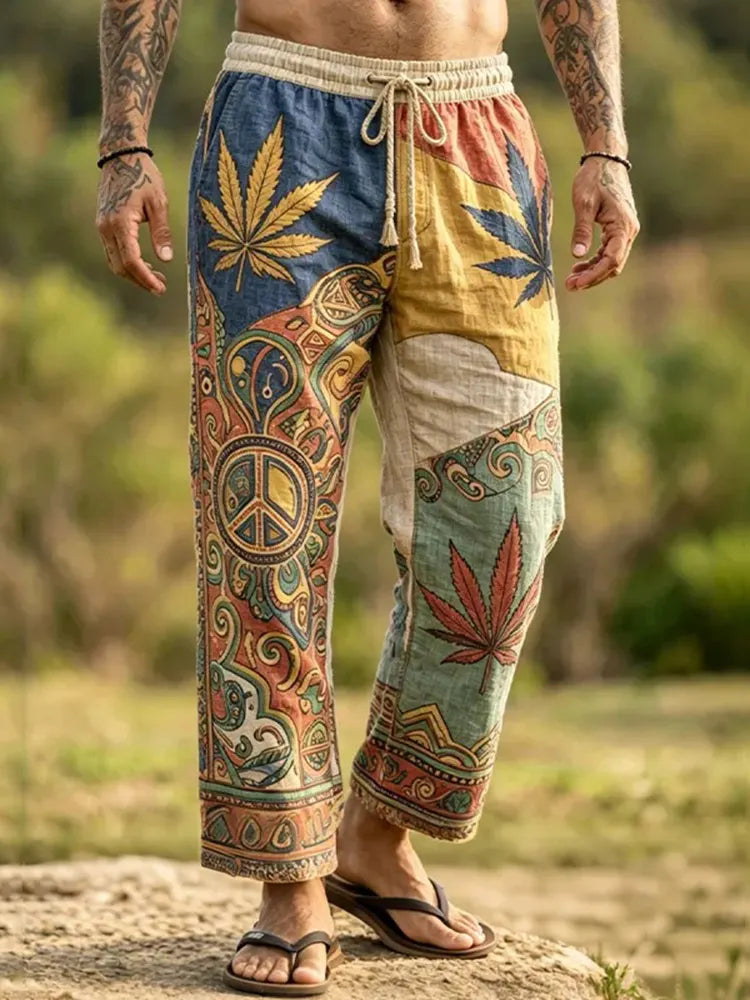 Men's Retro Hippie Peace Logo Art Print Loose Drawstring Waist Pants