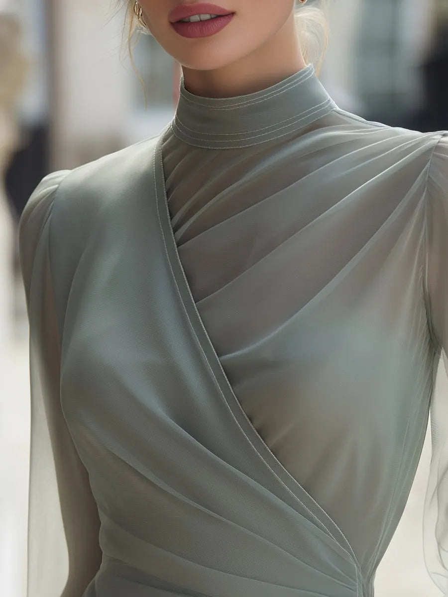 Sheer High-Neck Draped Blouse With Soft Pleated