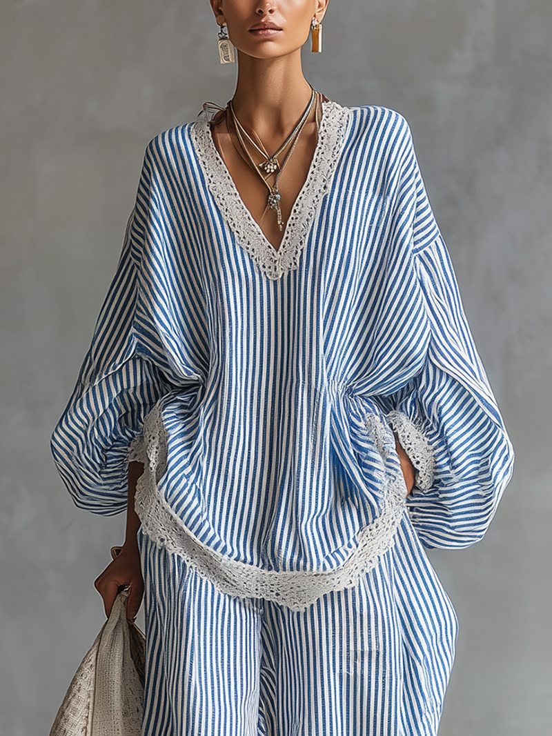 Blue Striped Lace-trimmed Loose Two-piece Set