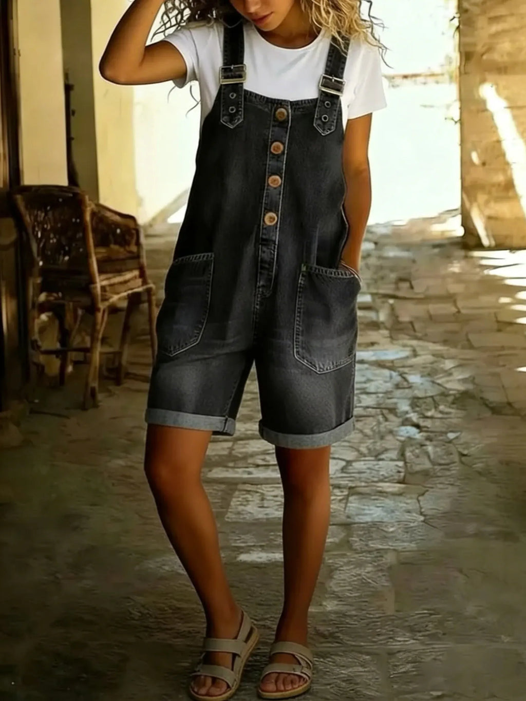 Women's Y2K Denim Shortalls Button Front Wide Leg Loose Bib Jean Overalls Shorts Romper Jumpsuits Vintage