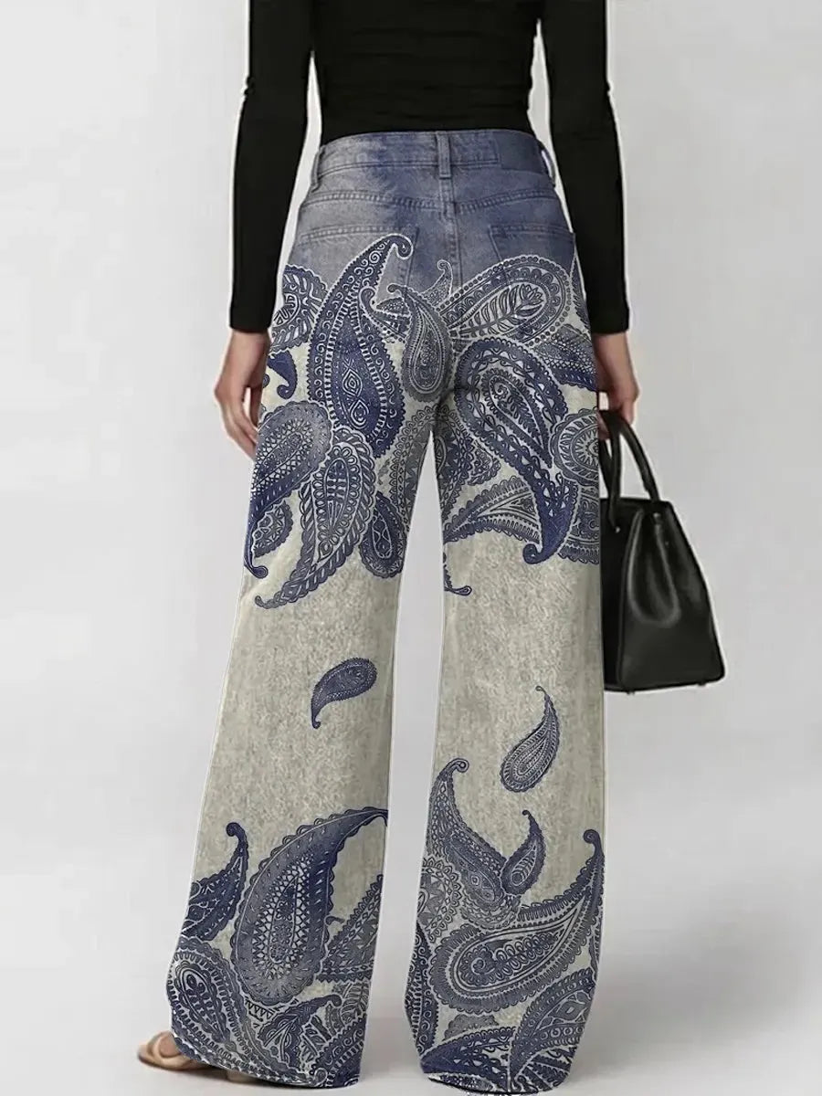 Women's Vintage Gradient Paisley Pattern Print Casual Fashion Cutout Jeans