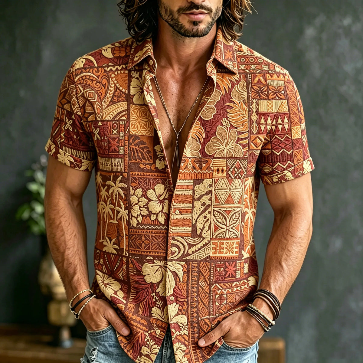 Men's Retro Bohemian Hippie Resort Style Floral Print Short-sleeve Shirt