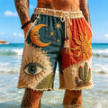 Men's Hippie Sun And Moon Cactus Pattern Color-blocked Casual Linen Blend Shorts