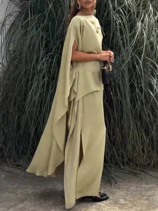 Long Loose Shirt And Side Slit Wide Leg Pants Suit-Shirt