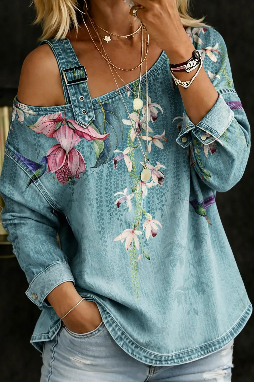 Off Shoulder Denim Top - Casual Women's Shirt