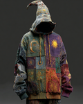Men's Star and Moon Embroidery Contrast Color Stitching Hooded Sweatshirt Jacket 9503