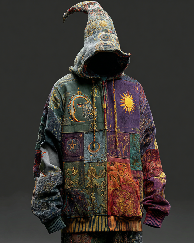 Men's Star and Moon Embroidery Contrast Color Stitching Hooded Sweatshirt Jacket 9503