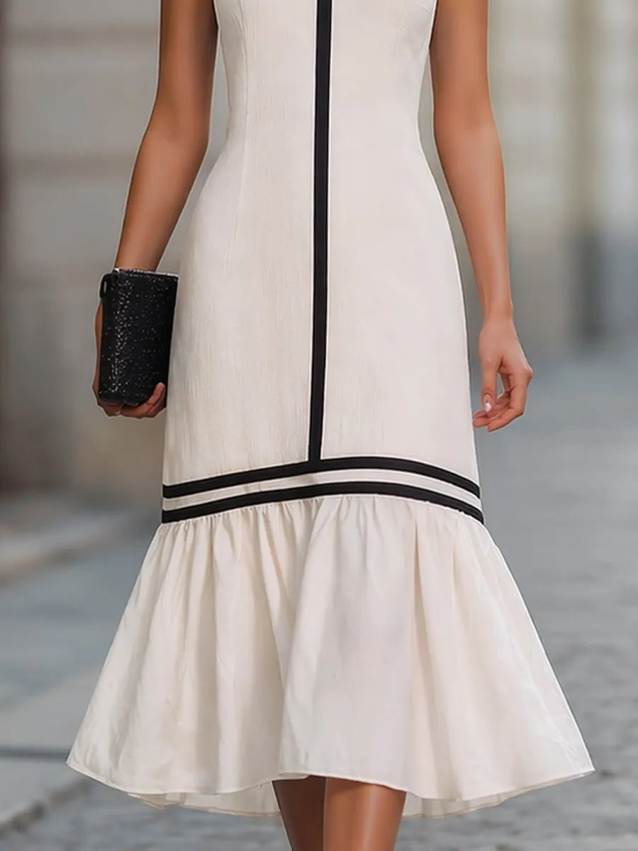 Contrast Trim Sleeveless Flared Hem Maxi Dress