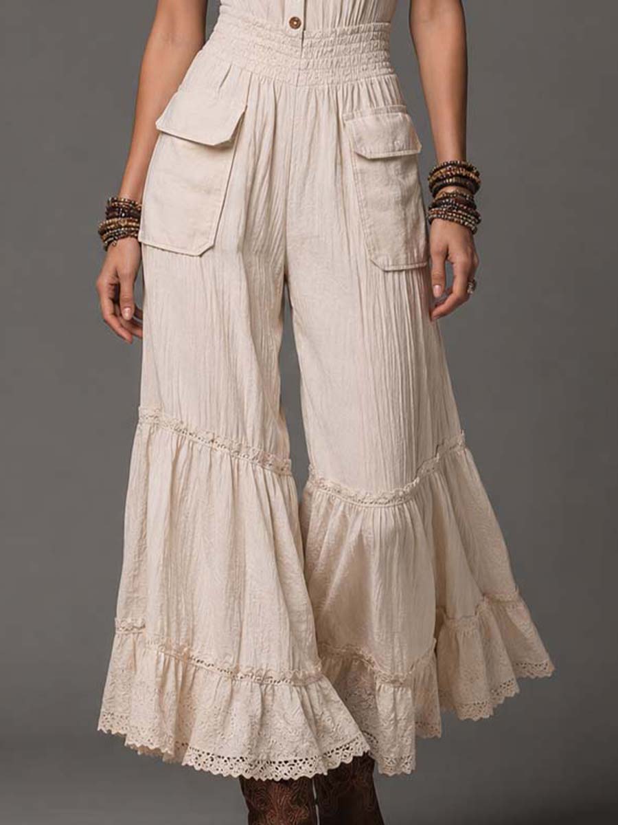 Bohemian Elegant Cotton-Linen Ruffled Hem Jumpsuit