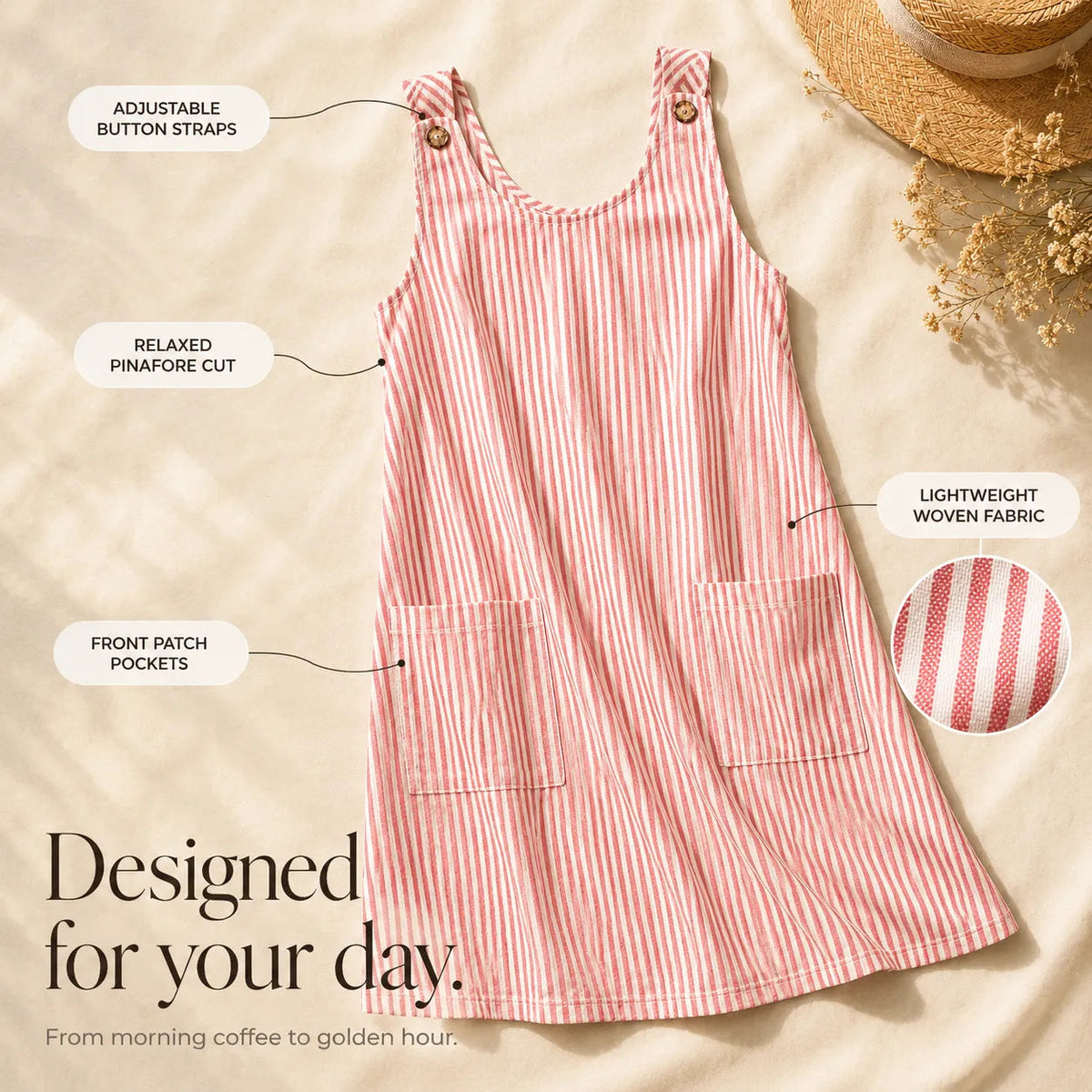 Solene – Striped Button-Strap Pinafore Sundress with Pockets