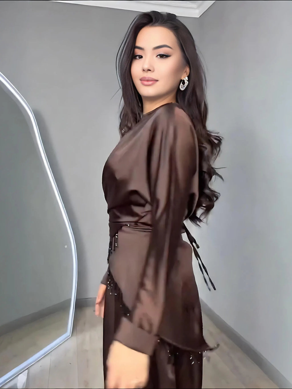 Chocolate Satin Dress & Beaded-Fringe Overlay Set